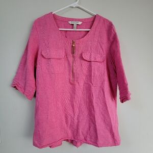 Ellen Tracy Pink Linen Blend 1/4 Sleeve Top Women's Size L Office Casual